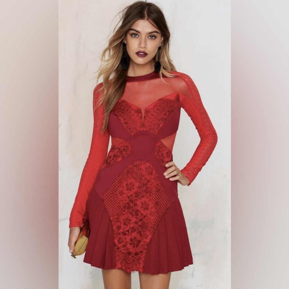 Three Floor Crimson Lace & Mesh Long-Sleeve Dress